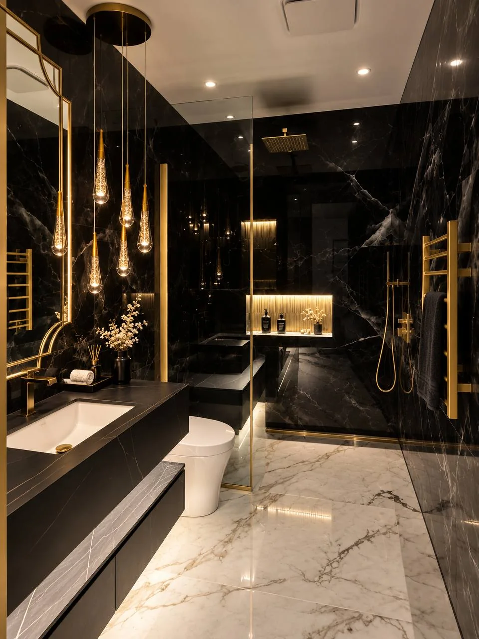 Pendant and recessed lighting in a dark stone bathroom