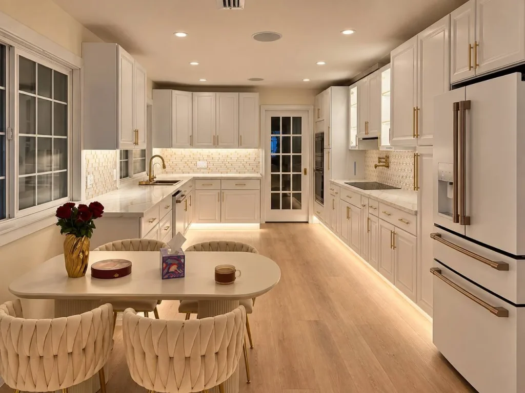 Kitchen with recessed ceiling, under-cabinet and low-level lighting