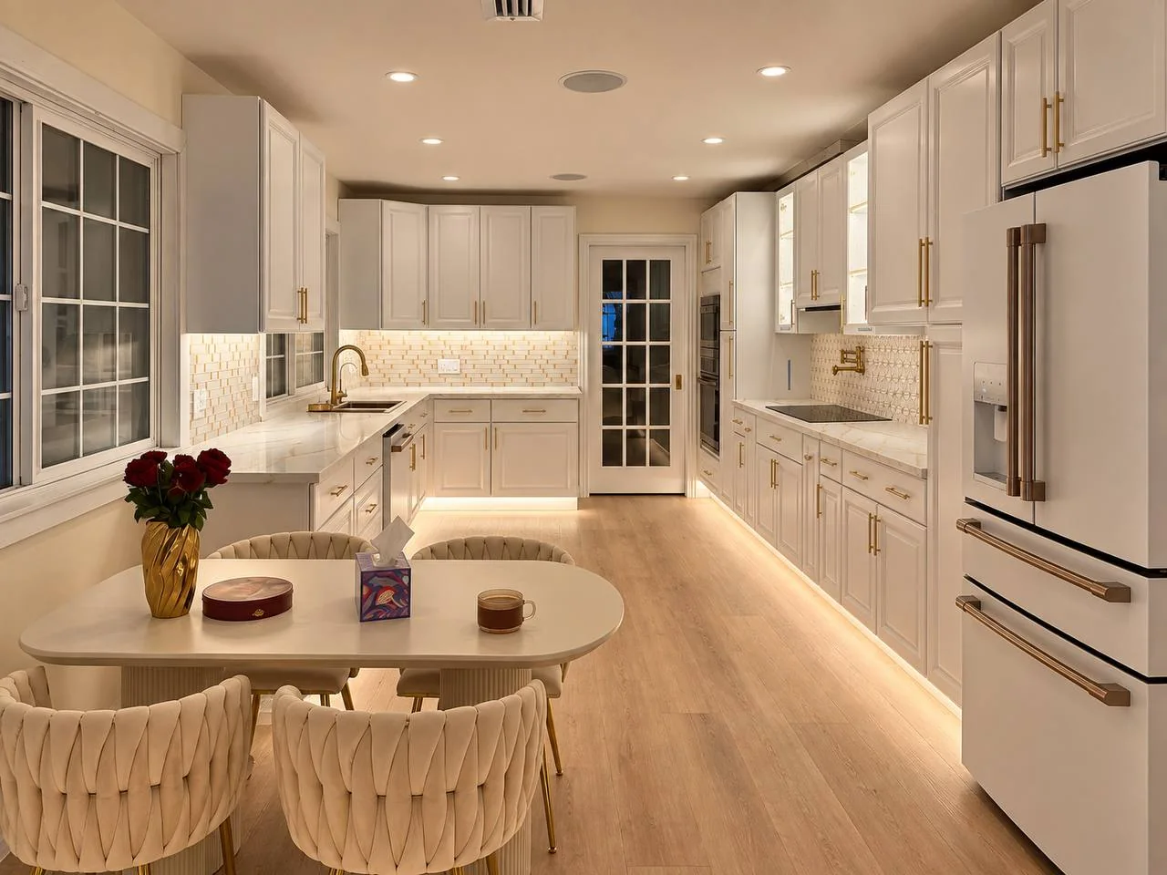 Kitchen with recessed ceiling, under-cabinet and low-level lighting