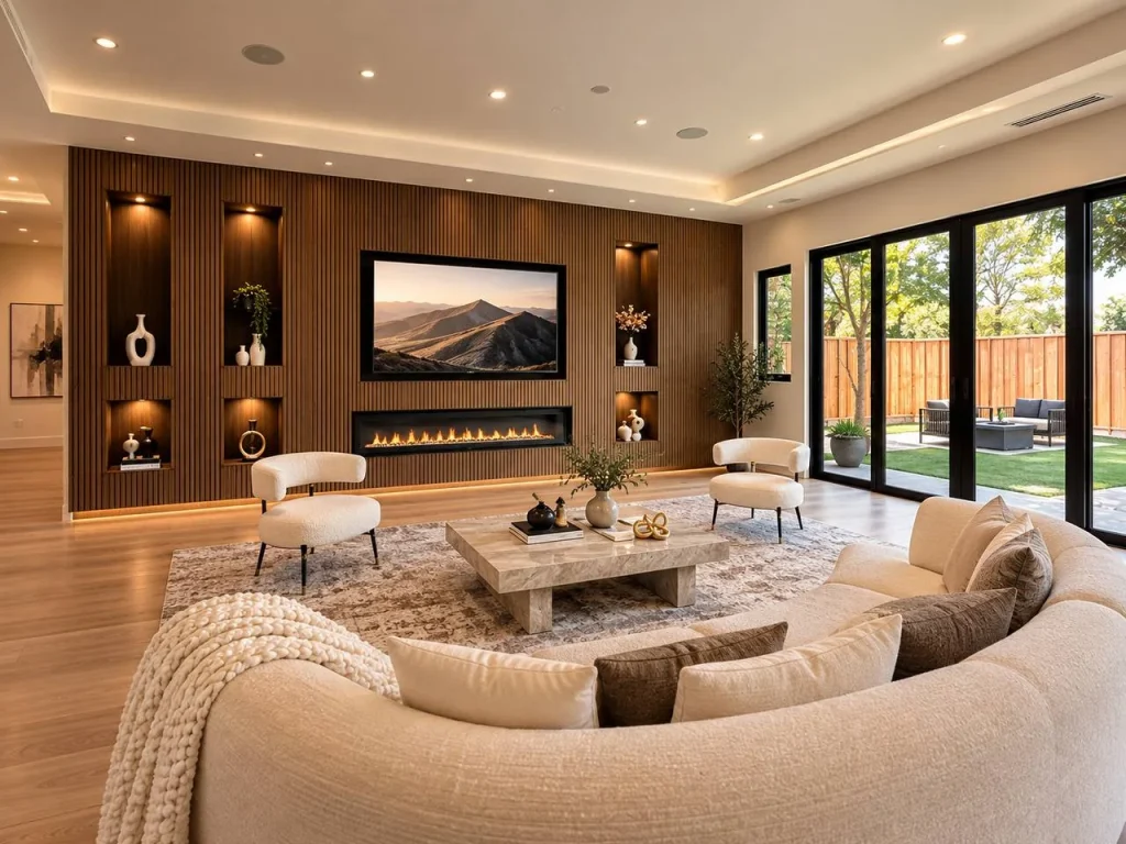 Living room with recessed, cove and display lighting